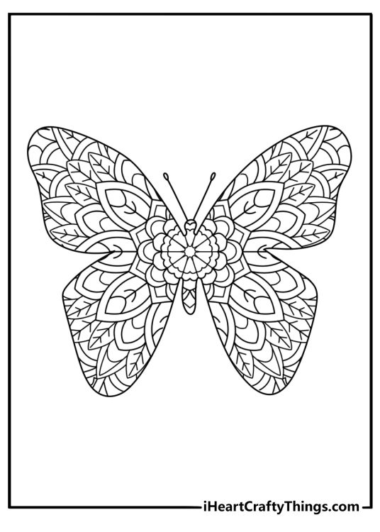 Butterfly coloring sheet for adults with wings filled by tiny leaf patterns