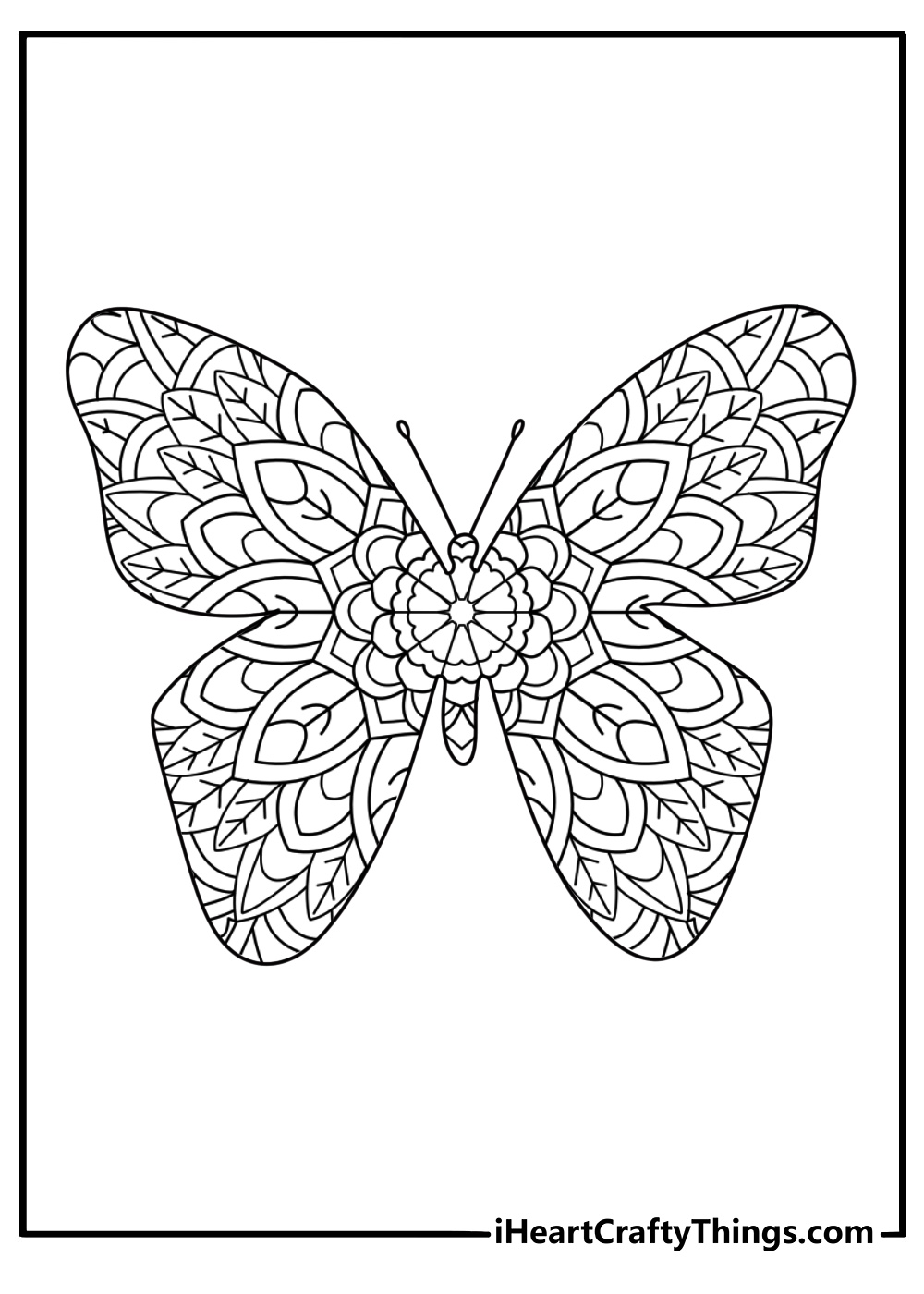 Butterfly coloring sheet for adults with wings filled by tiny leaf patterns