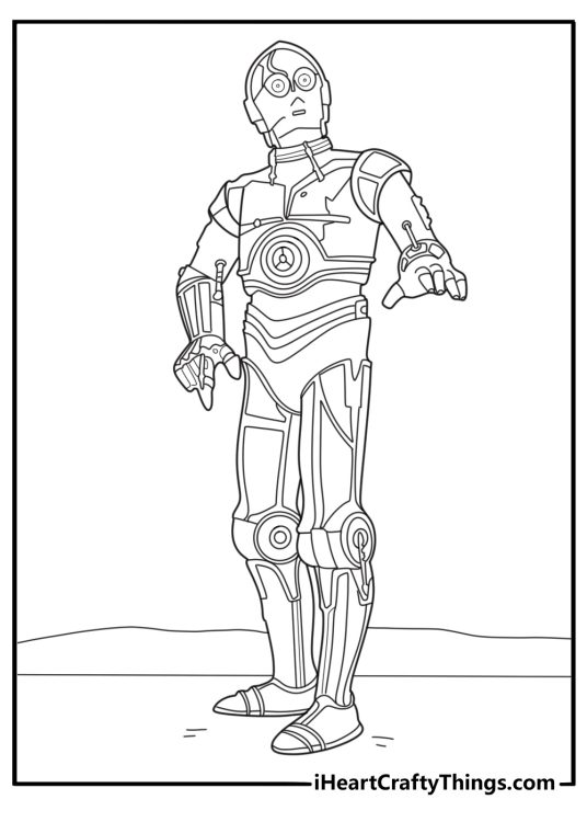 C 3PO protocol droid standing full body easy printable Star Wars coloring page