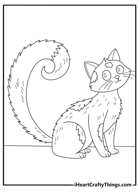 Cat coloring page for adults with curled tail and patchwork fur patterns