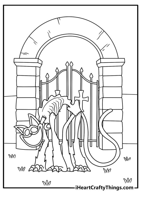 CatNap coloring page for kids featuring the purple cat beside a locked gate