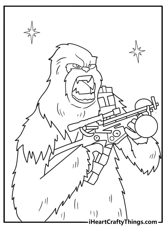 Chewbacca holding bowcaster roaring pose simple Star Wars coloring sheet for kids