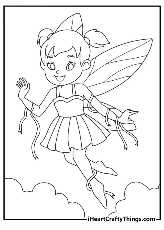 Cloud fairy weaving long ribbons from drifting clouds simple coloring printable