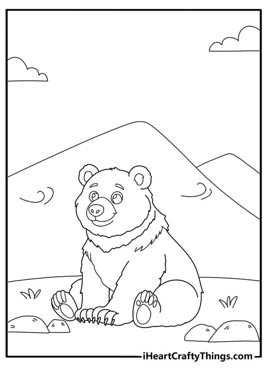 Coloring drawing of an adult bear who is sitting in front of some mountains and waving