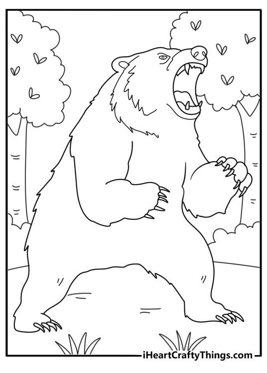 Coloring image for children depicting roaring bear standing at a full height with forest backdrop
