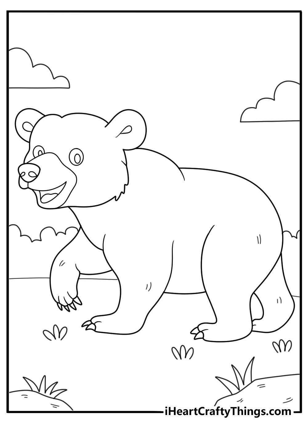 Coloring image of an adorable little bear smiling while walking walking down the path