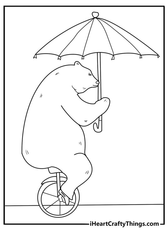 Coloring page for children featuring a happy bear riding a unicycle with an umbrella