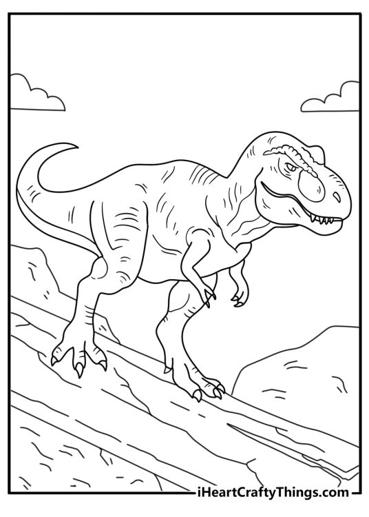 Coloring page for kids with a t rex crossing a fallen log in the jungle