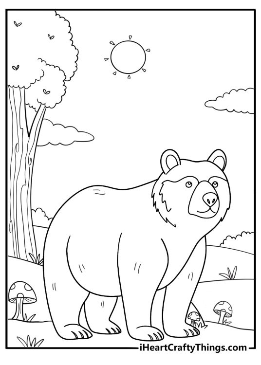 Coloring page for pre schoolers capturing bear hanging out in a beautiful forest