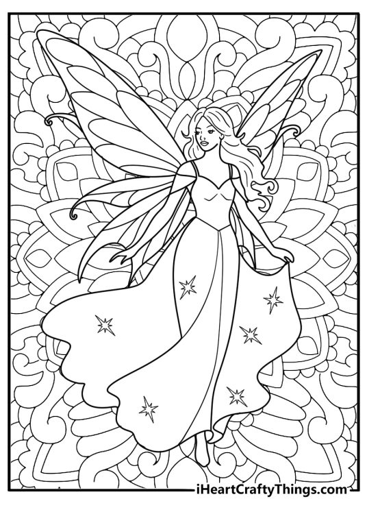 Coloring pdf of a beautiful fairy with large wings and luxurious dress surrounded by mandalas in the background