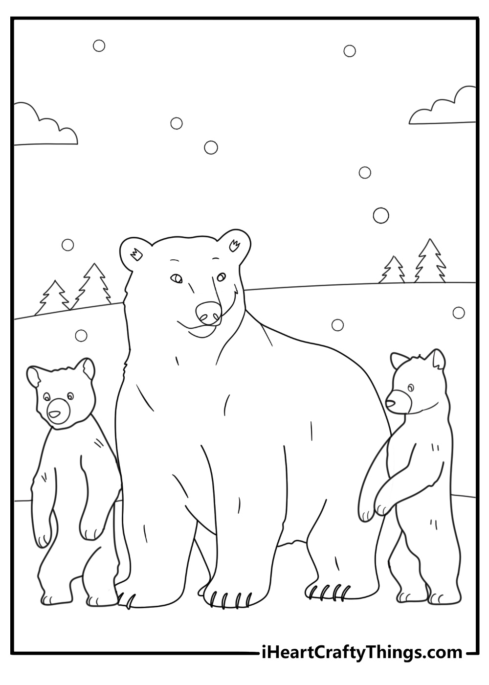 Coloring picture of a mother bear walking with her two cubs in forest on a snowy day