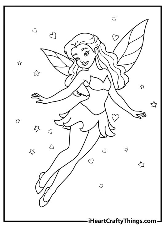 Coloring poster of a jouful fairy with beautiful butterfly wings flying surrounded by hearts and stars
