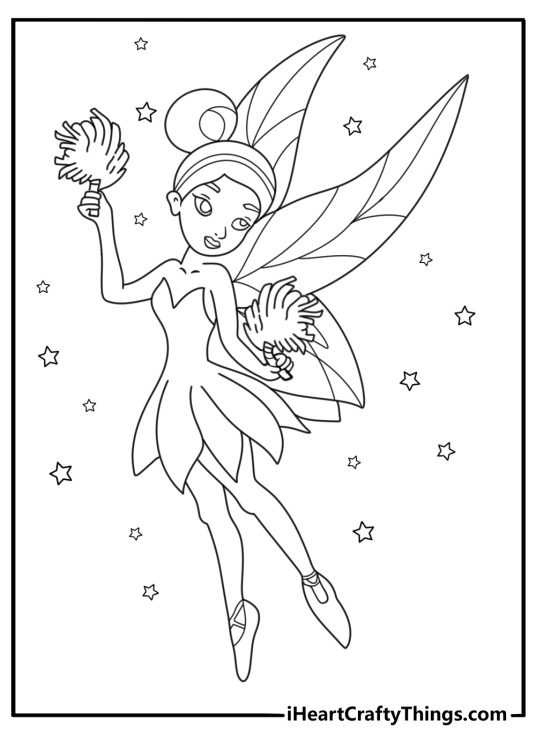 Coloring printable of a smiling fairy with pointed wings and shoes with pom poms flying high surrounded by stars