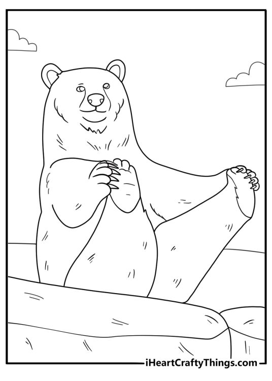 Coloring sheet depicting a bear having a great time playing around and grabbing his feet with his paws