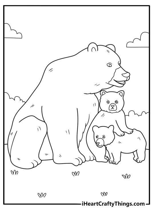Coloring sheet featuring two deer and mother bear with her cub surrounded by stars