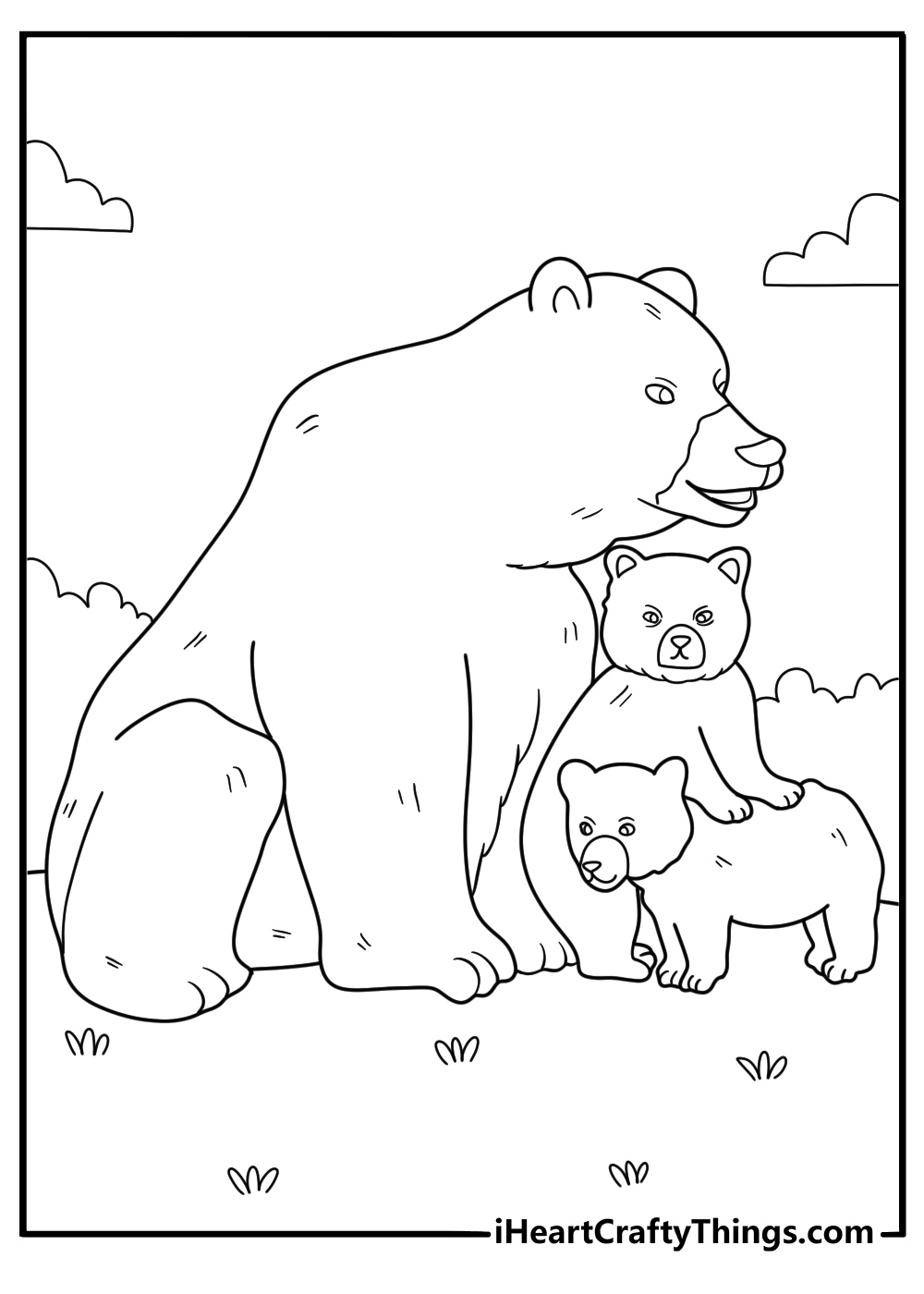 Coloring sheet featuring two deer and mother bear with her cub surrounded by stars