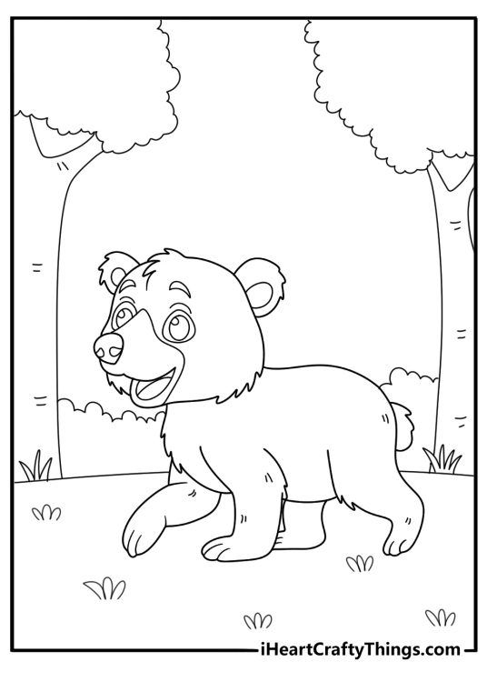 Coloring sheet for kids featuring baby bear on a walk with trees in the background