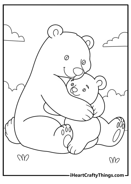 Coloring sheet presenting smiling mother bear sitting and hugging her adorable bear cub