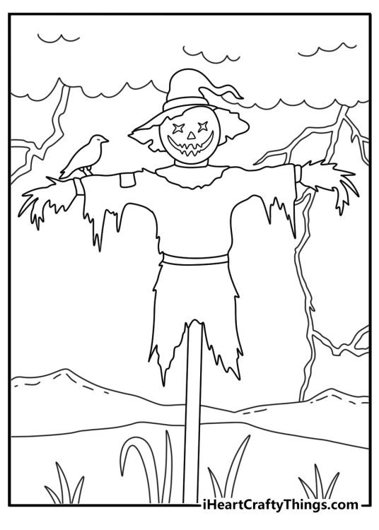 Creepy coloring sheet showing a scarecrow under a stormy sky