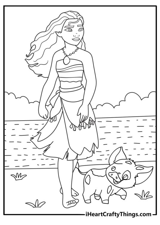 Cute Moana coloring page with Pua trotting beside Moana on an island path