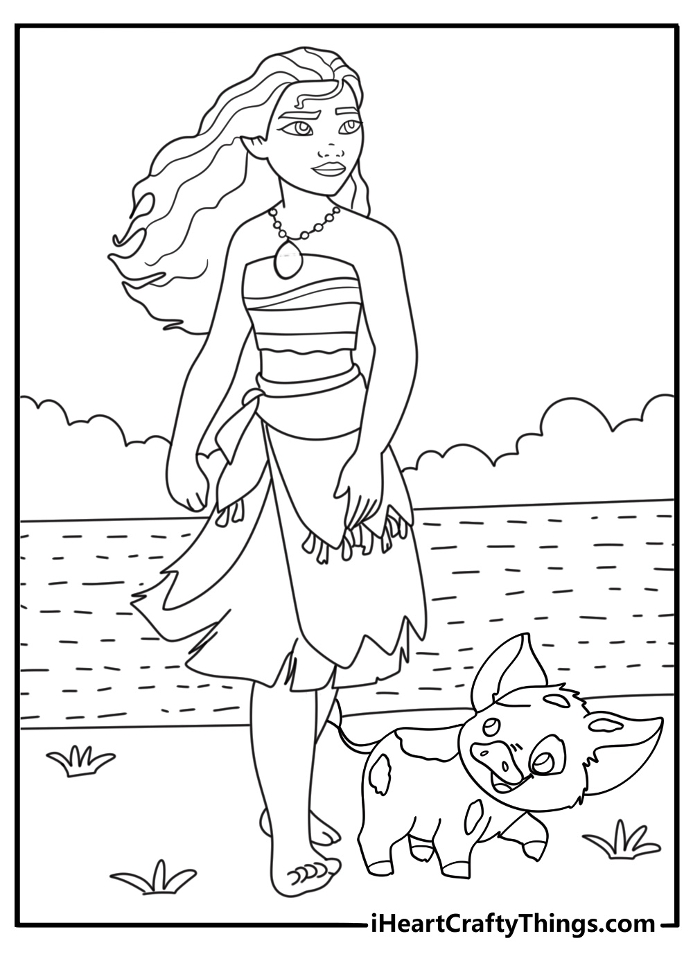 Cute Moana coloring page with Pua trotting beside Moana on an island path