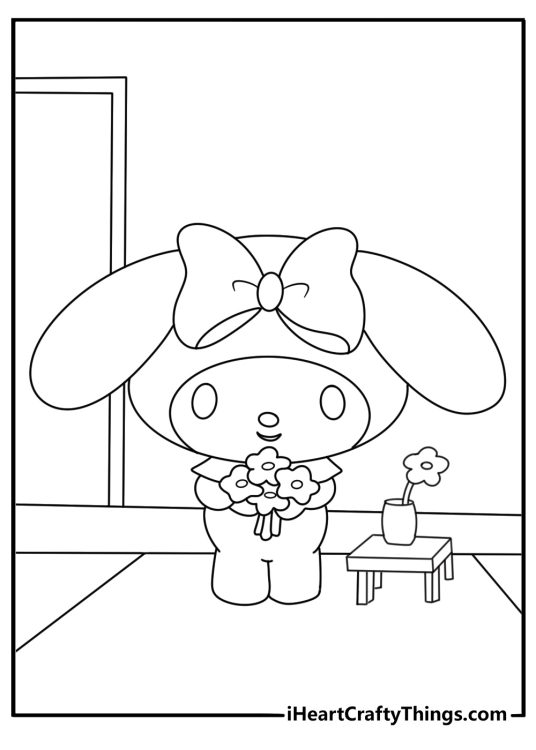 Cute My Melody coloring sheet arranging flowers in vases