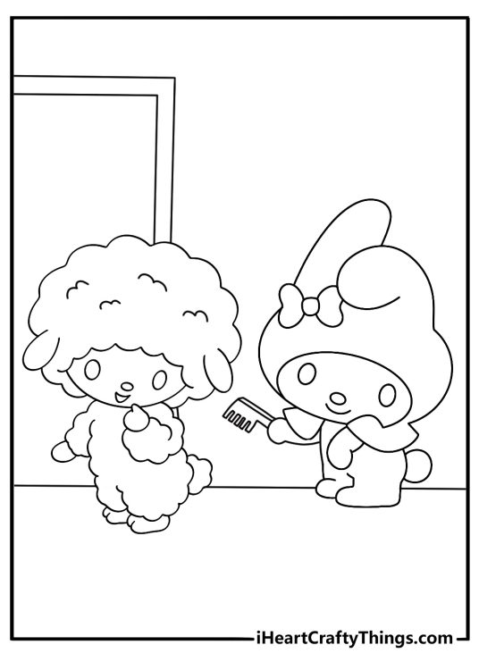 Cute My Melody coloring sheet brushing a tiny lamb