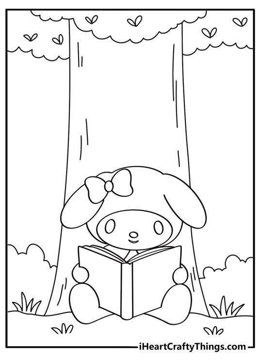Cute My Melody coloring sheet reading a storybook under a tree
