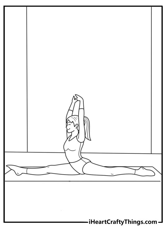 Cute gymnastics coloring pages with young trainee stretching on floor mat