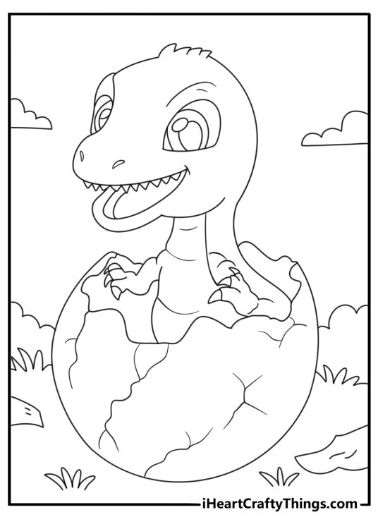 Cute t rex coloring page with a baby dinosaur hatching from a cracked egg