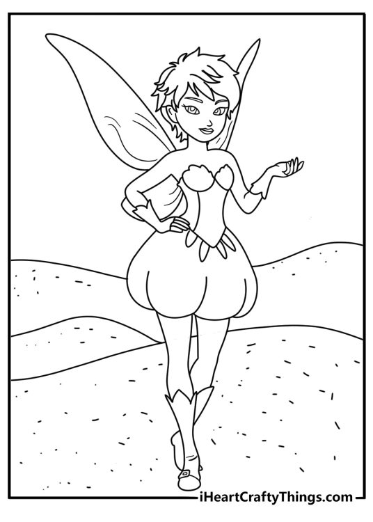 Desert fairy walking across sand dunes with flowing veil printable coloring sheet