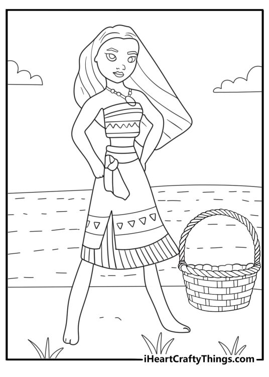 Detailed Moana coloring page with Moana walking through a village with woven baskets