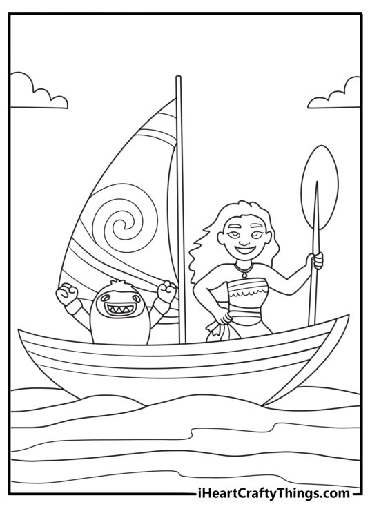 Detailed coloring pages of Moana with Kakamora riding a small pirate boat
