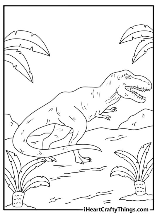 Detailed coloring sheet for adults with a t rex among palm trees and cycads
