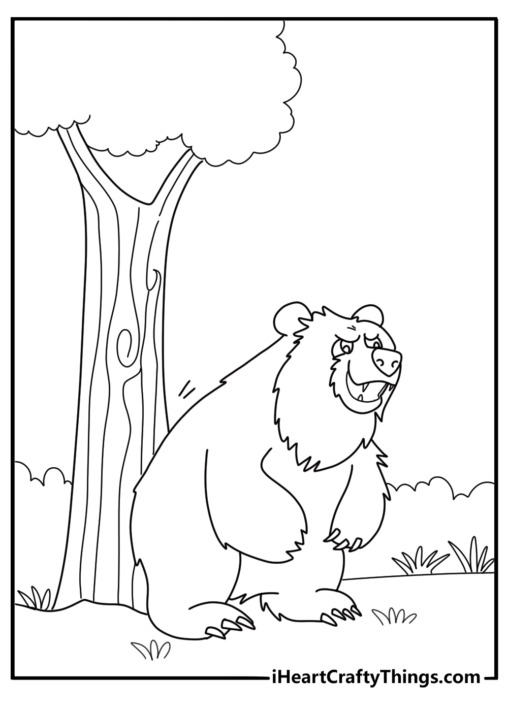 Detailed colorring printable for kids capturing adult bear rubbing back on a tree
