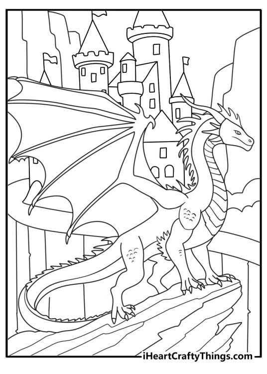Detailed dragon coloring page for adults with scales smoke and castle towers