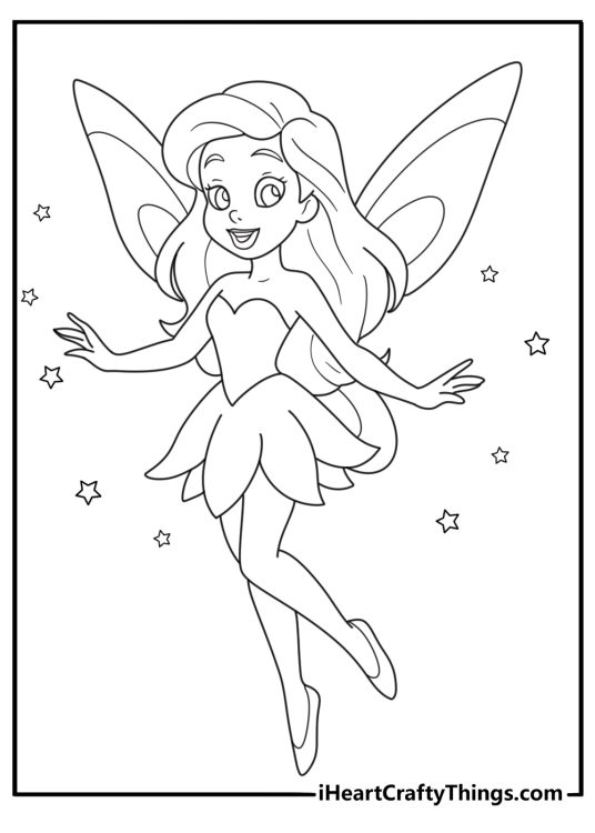 Detailed drawing of a young fairy with large butterfly wings wearing short dress and surrounded by stars