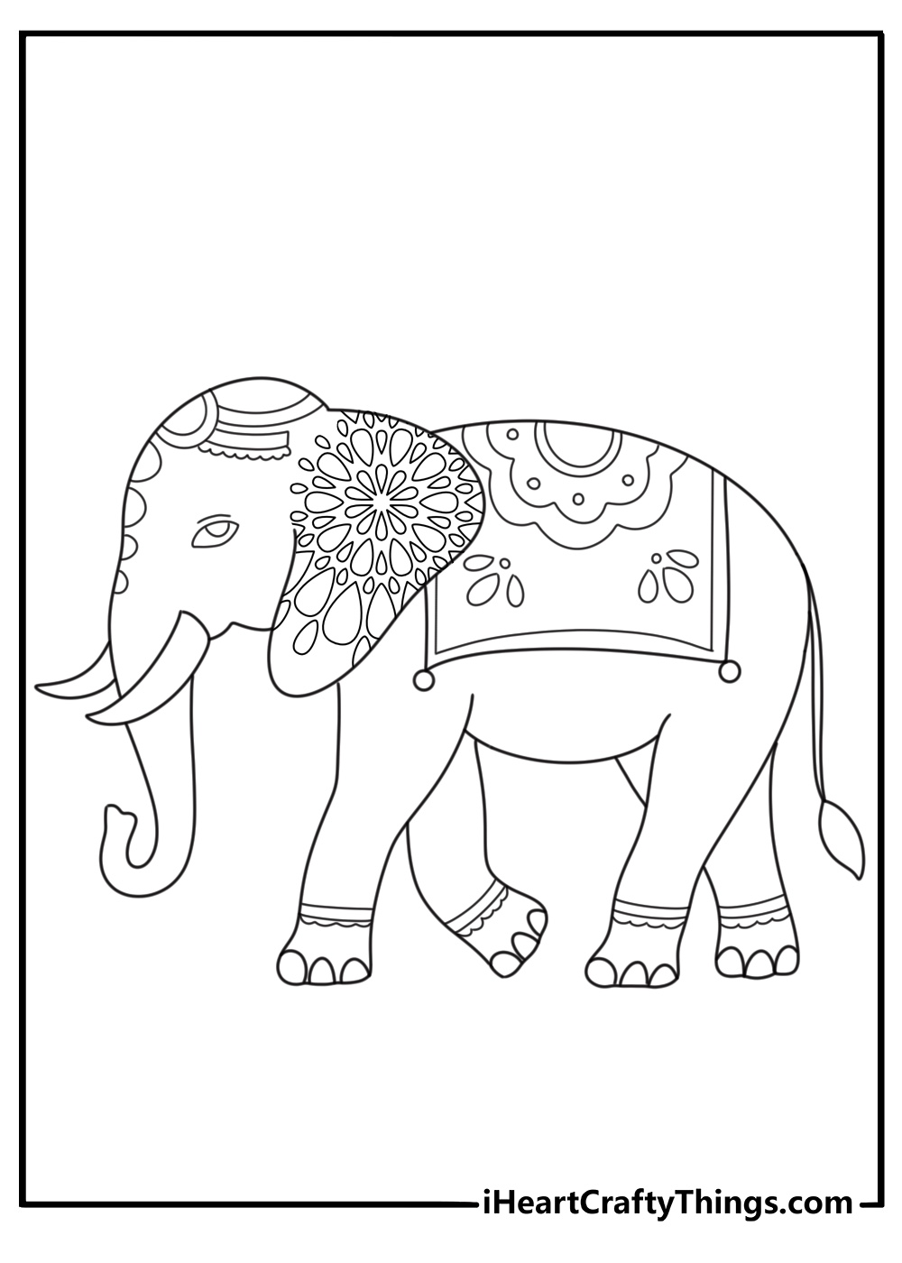 Detailed elephant coloring page for adults with blanket and mandala ears