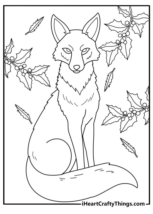 Detailed fox coloring page for adults with feathers leaves and berries