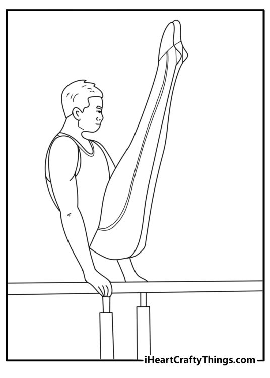 Detailed gymnastics coloring pages of parallel bars routine in motion
