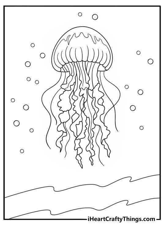 Detailed jellyfish with flowing tentacles under ocean waves coloring sheet
