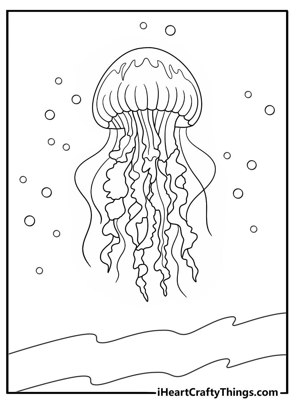 Detailed jellyfish with flowing tentacles under ocean waves coloring sheet