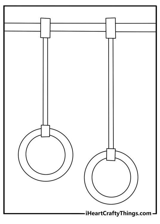 Detailed printable gymnastics coloring pages of rings hanging in empty arena