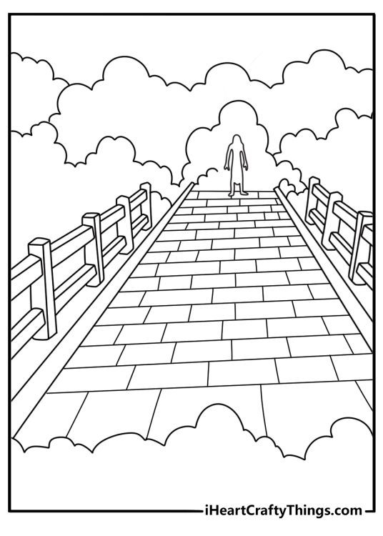 Detailed scary coloring page showing a foggy bridge with a distant figure