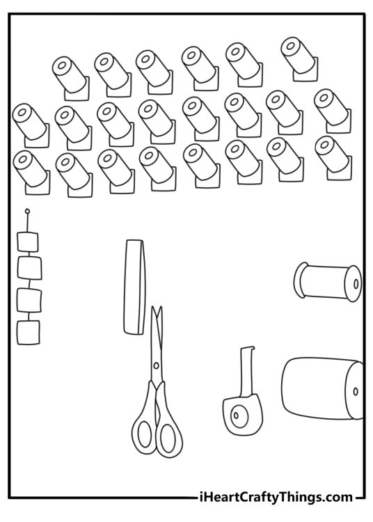 Detailed sewing room with thread spools scissors and fabric coloring sheet