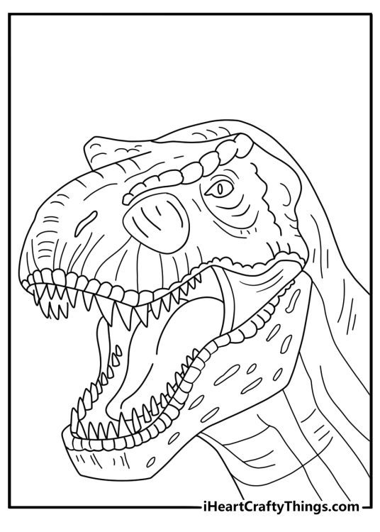 Detailed tyrannosaurus rex coloring page with a close dinosaur head and open jaws