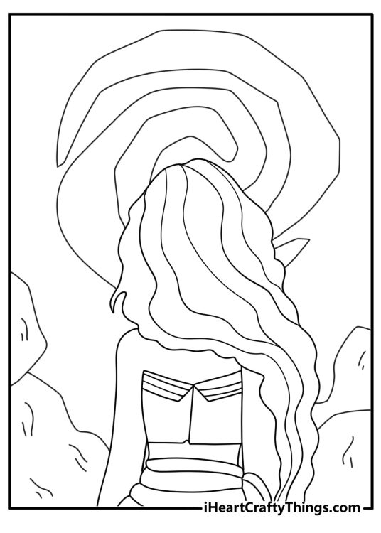 Disney Moana coloring pages with Moana looking at a spiral symbol on a stone wall