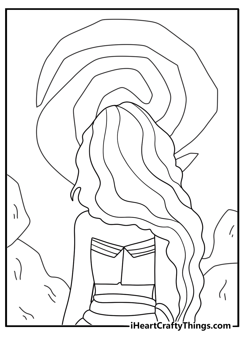 Disney Moana coloring pages with Moana looking at a spiral symbol on a stone wall