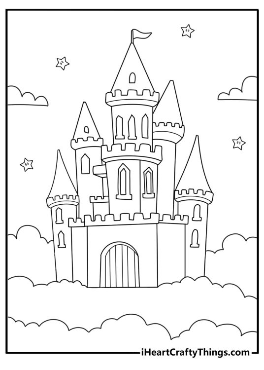 Disney coloring page for adults with fairy castle and magic stars