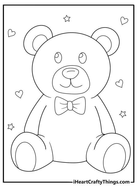 Drawing for pre schoolers presenting teddy bear drawn in a simple style with hearts and stars all around